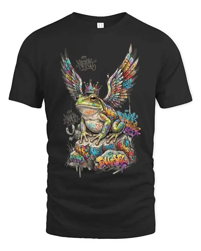 Graffiti Winged Frog Crown Urban Street Art tshirt - black t-shirt on white background