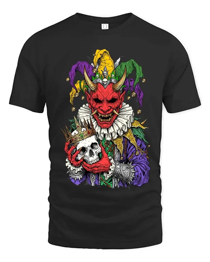 Dark Jester Skull Crown Sinister Carnival Graphic tshirt - black t-shirt on white background