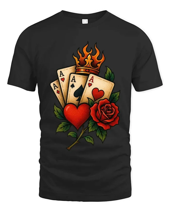 Lucky Ace Cards Heart Rose Crown Classic Style tshirt - black t-shirt on white background