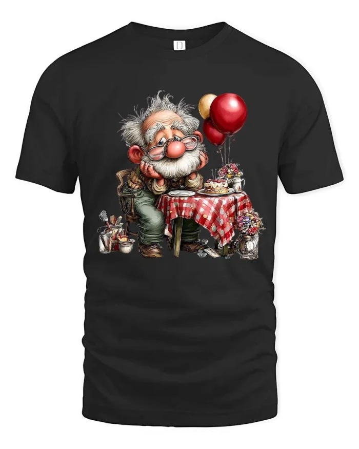 Cute Old Man Birthday Cake Funny Cartoon Style tshirt - black t-shirt on white background