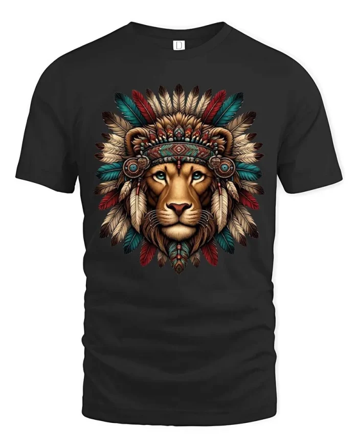 Majestic Lion Feather Headdress Tribal Spirit tshirt - black t-shirt on white background