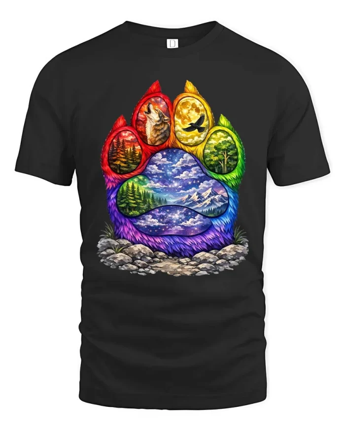 Rainbow Paw Nature Landscape Wildlife Spirit Art tshirt - black t-shirt on white background