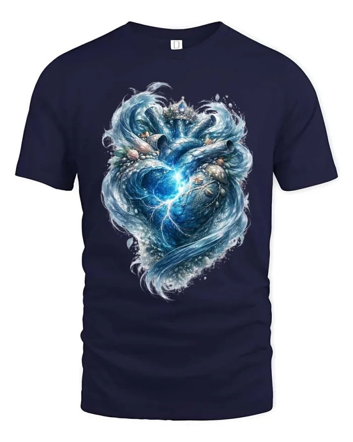 Surreal Water Heart Crown Fantasy Energy Art tshirt - navy t-shirt on white background