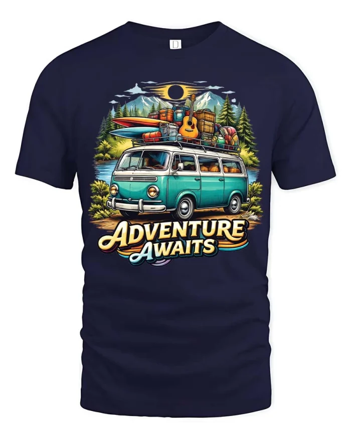 Adventure Awaits Camper Van Travel Retro Style tshirt - navy t-shirt on white background