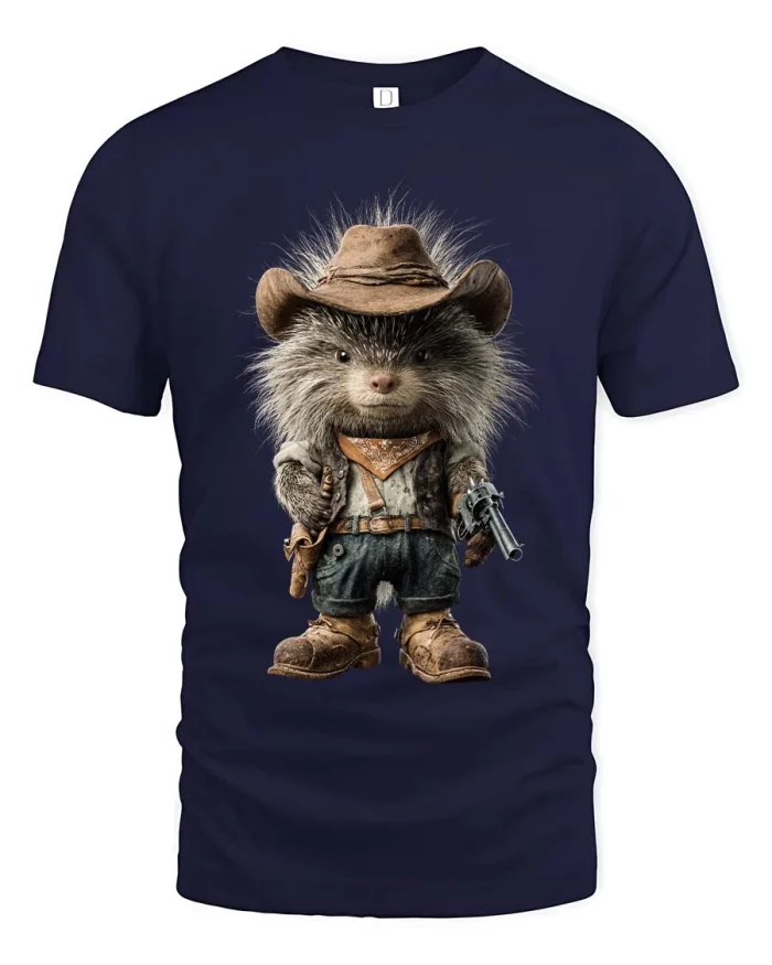 Cute Hedgehog Cowboy Wild West Character Art tshirt - navy t-shirt on white background