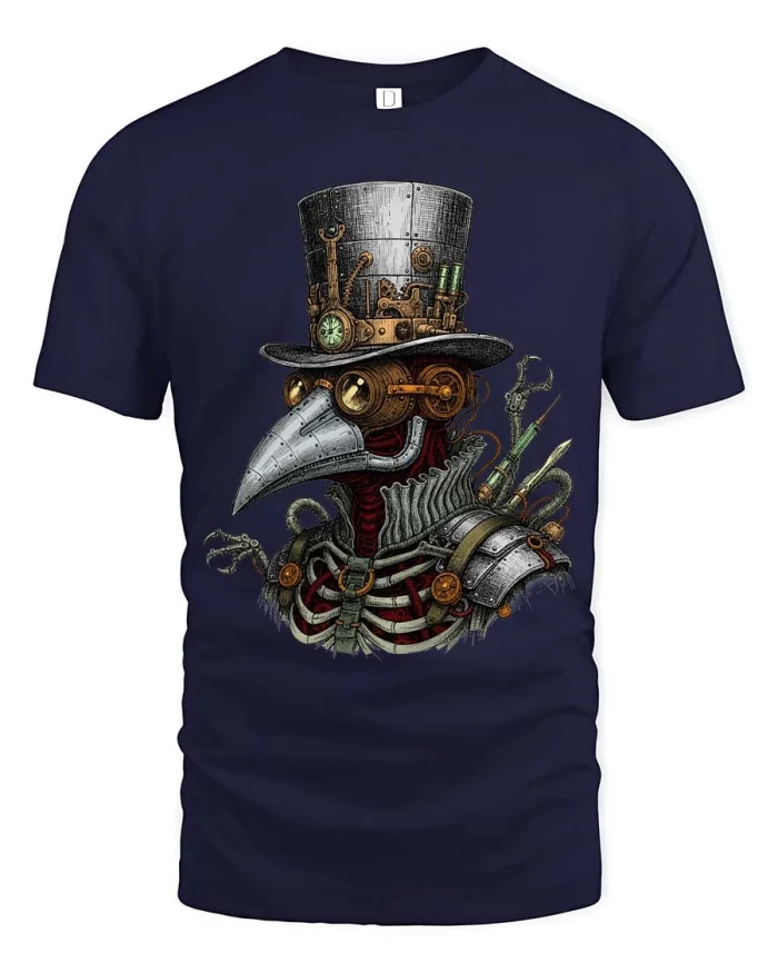 Steampunk Plague Doctor Mechanical Vintage Art tshirt - navy t-shirt on white background