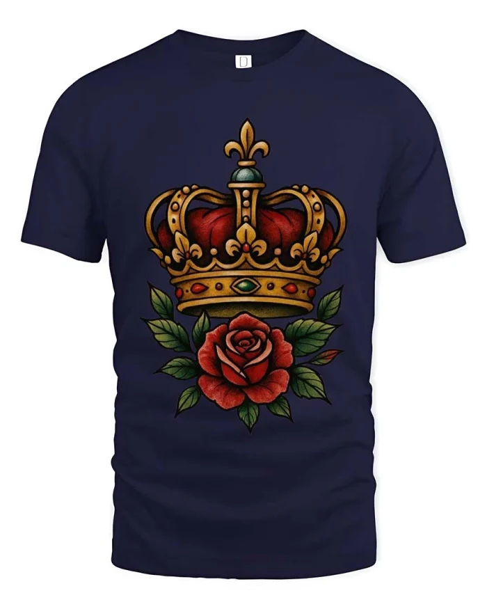 Royal Crown Red Rose Classic Symbolic Art tshirt - navy t-shirt on white background