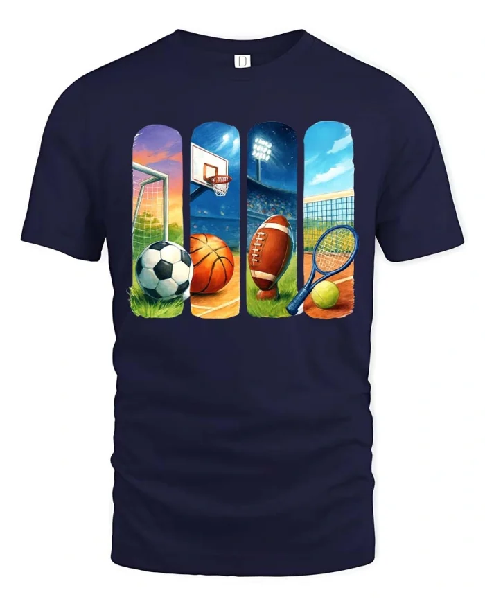 Multi Sport Balls Soccer Basketball Tennis Art tshirt - navy t-shirt on white background
