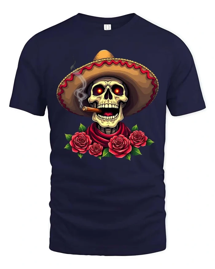 Sombrero Skull Rose Day Of The Dead Style tshirt - navy t-shirt on white background