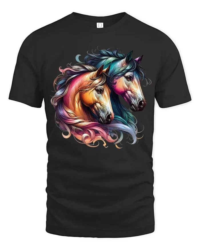 Colorful Twin Horse Spirit Art Tshirt Vibrant Energy - black t-shirt on white background