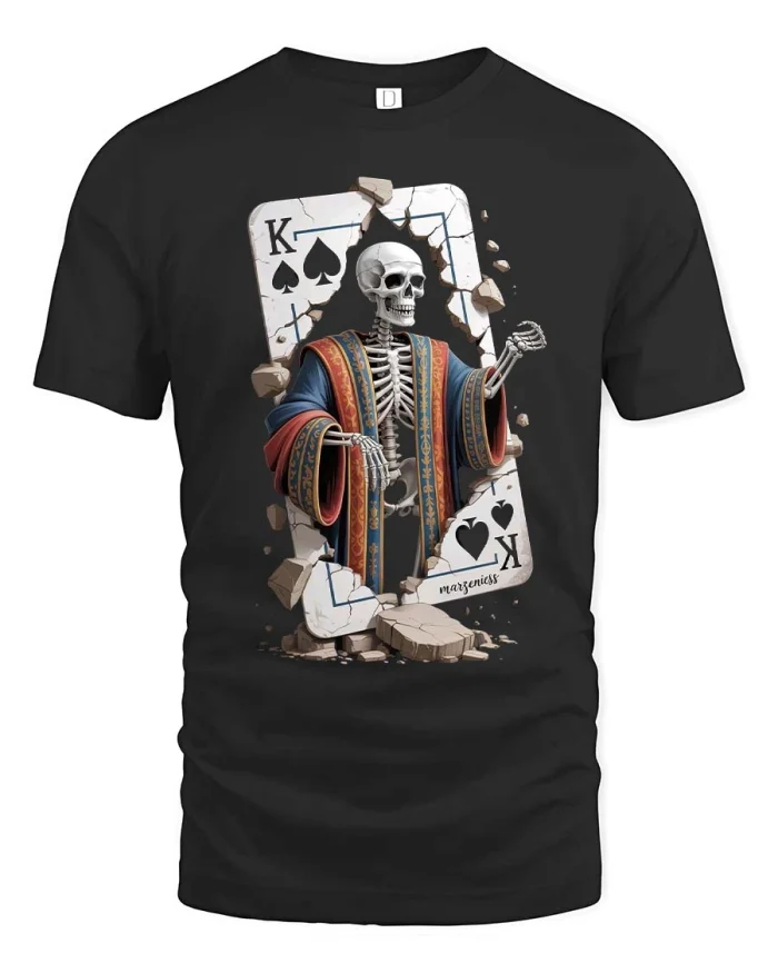 Skeleton King Playing Card Graphic Tshirt Bold Style Art - black t-shirt on white background