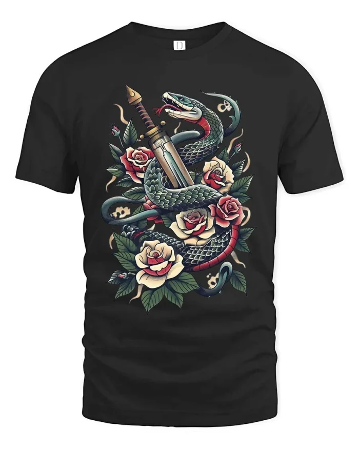 Vintage Snake And Dagger Rose Tattoo Art Tshirt Bold Style - black t-shirt on white background