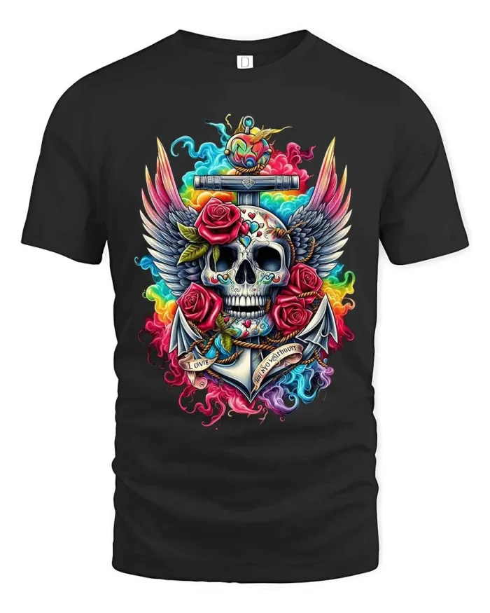 Colorful Skull Wing Rose Tattoo Style Graphic Tshirt Art - black t-shirt on white background