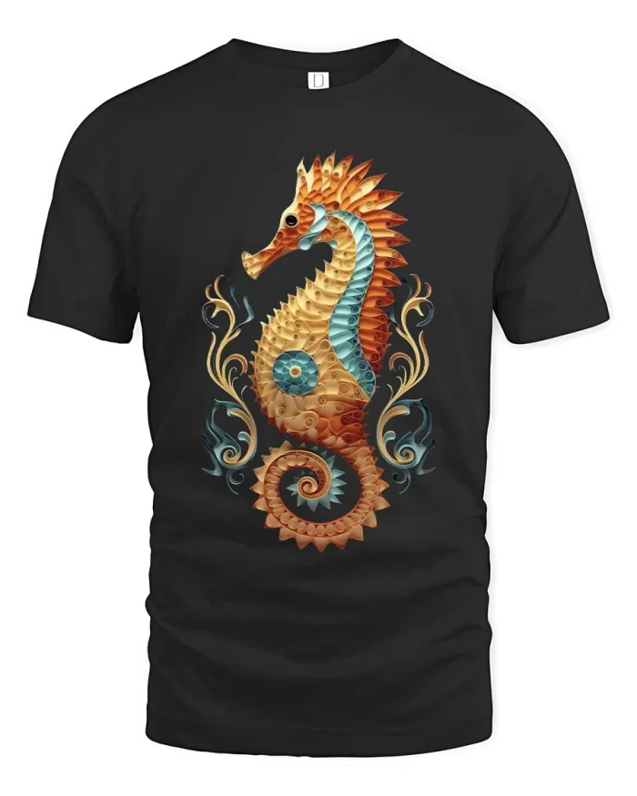 Artistic Seahorse Ocean Style Graphic Tshirt Elegant Art - black t-shirt on white background