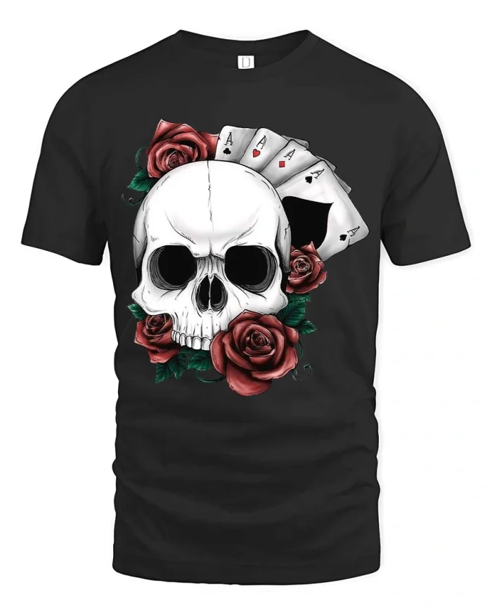 Skull Rose Poker Cards Graphic Tshirt Bold Tattoo Style - black t-shirt on white background