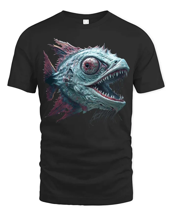 Fierce Deep Sea Monster Fish Graphic Tshirt Bold Style - black t-shirt on white background