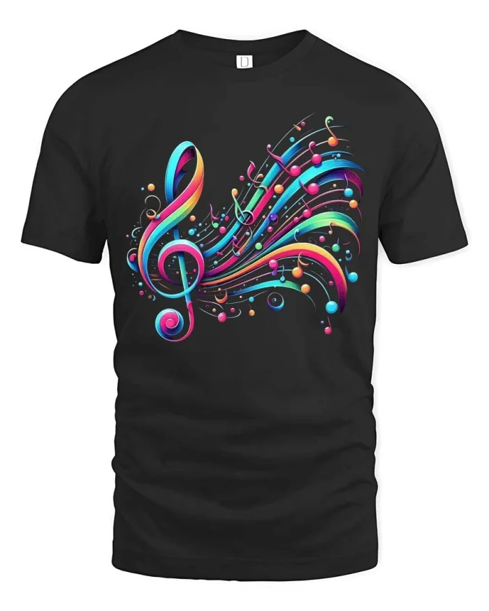 Colorful Music Note Flow Graphic Tshirt Vibrant Rhythm - black t-shirt on white background
