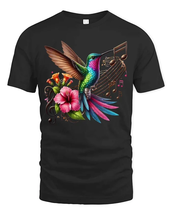 Colorful Hummingbird Music Floral Art Graphic Tshirt Style - black t-shirt on white background