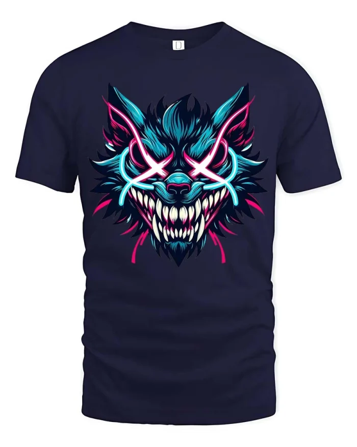 Neon Wolf Face Graphic Tshirt Bold Cyberpunk Style Art - navy t-shirt on white background