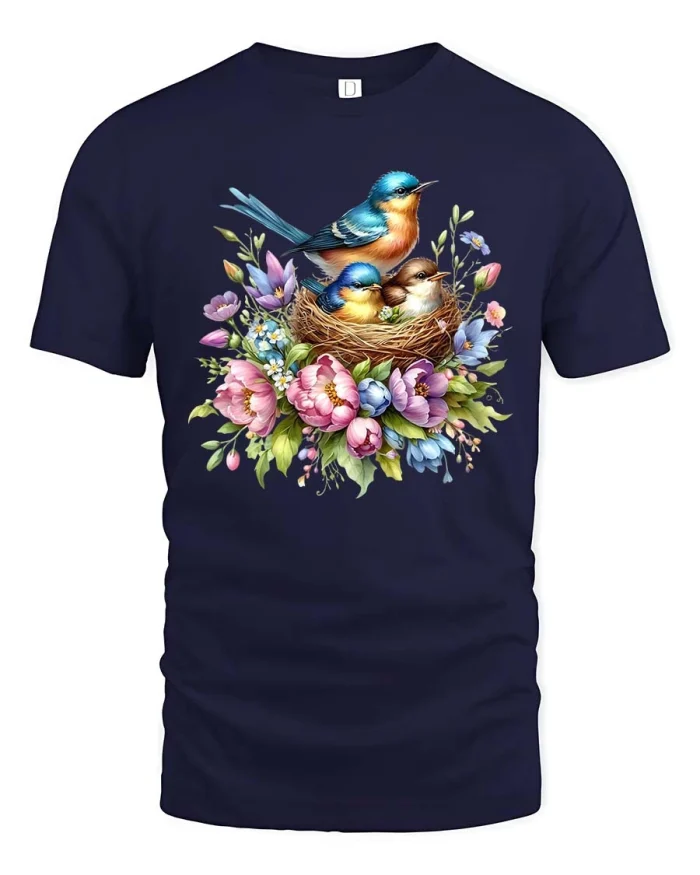 Cute Bird Family Nest Floral Nature Graphic Tshirt Art - navy t-shirt on white background
