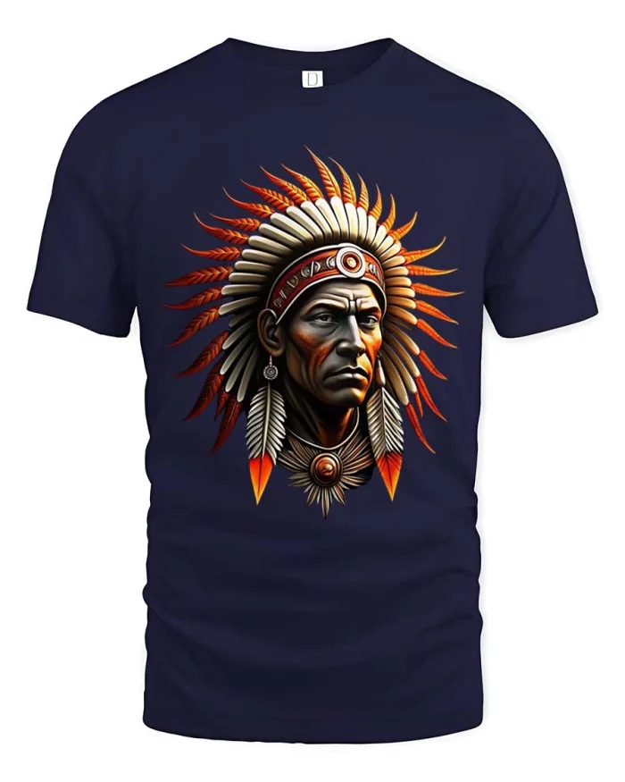 Native Warrior Headdress Illustration Graphic Tshirt Art - navy t-shirt on white background