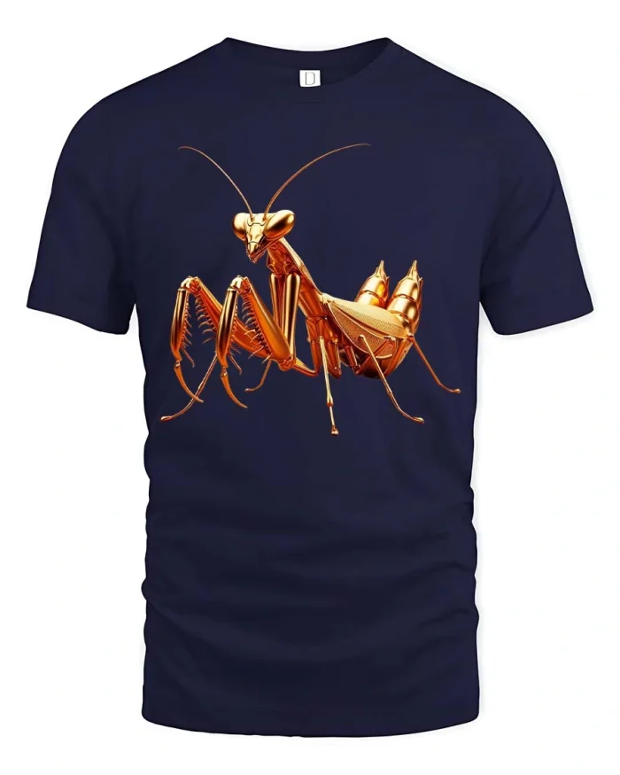 Golden Praying Mantis Insect Graphic Tshirt Luxury Style - navy t-shirt on white background
