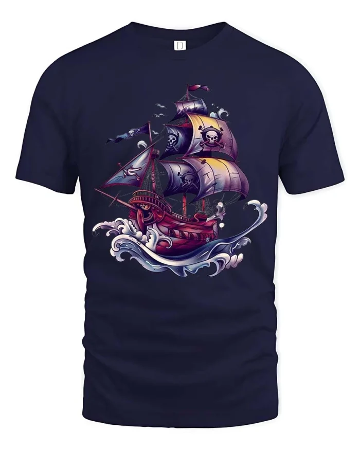 Pirate Ship Skull Sail Graphic Tshirt Adventure Style Art - navy t-shirt on white background