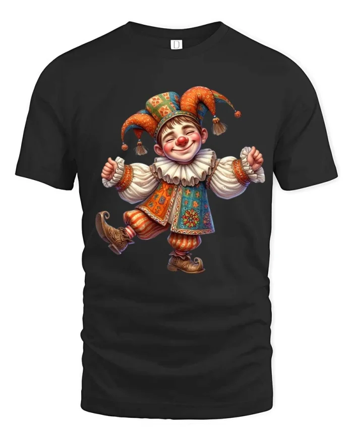 Happy Jester Cartoon Graphic T Shirt Playful Vintage Style - black t-shirt on white background