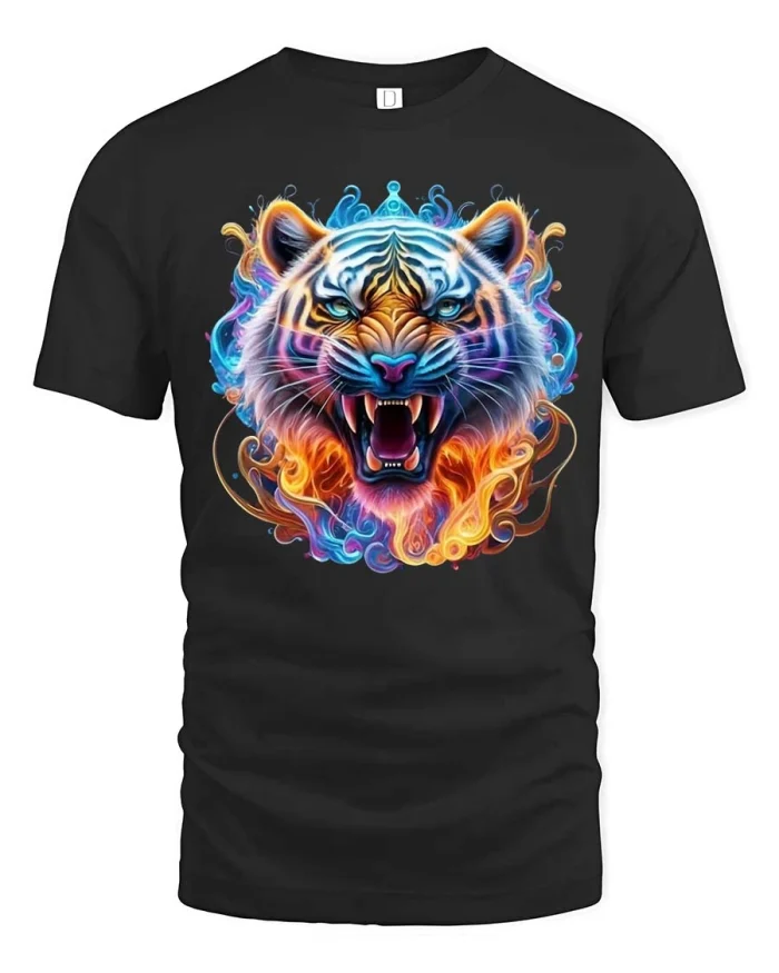 Fierce Neon Tiger Graphic T Shirt Bold Colorful Street Art - black t-shirt on white background
