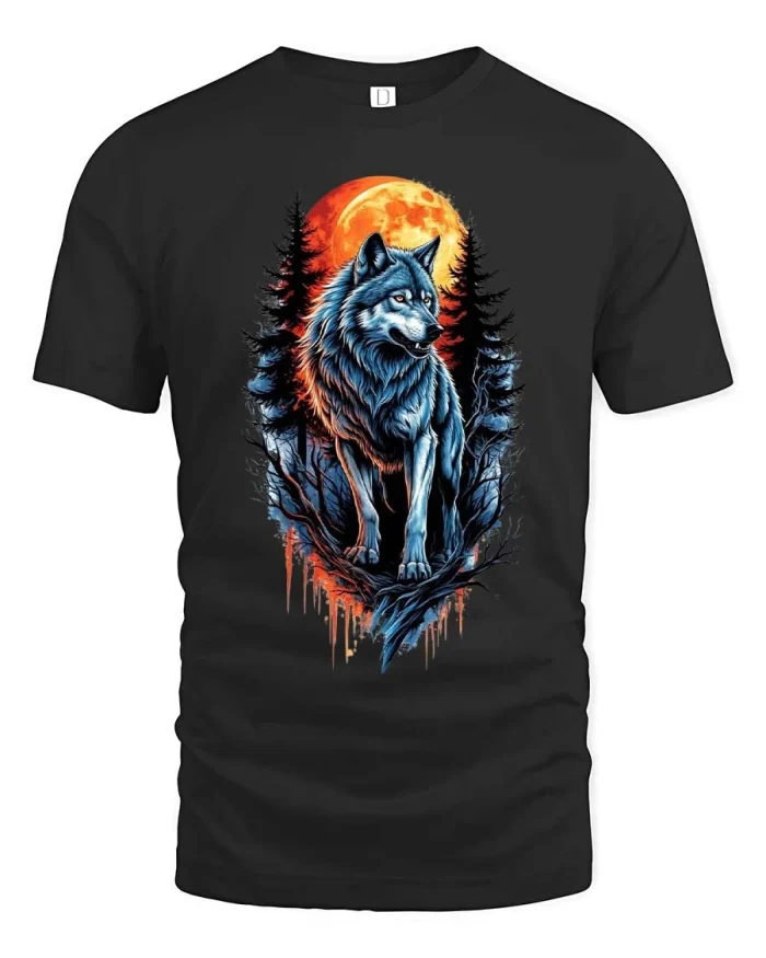 Moonlit Wolf Graphic T Shirt Wild Forest Night Art Style - black t-shirt on white background
