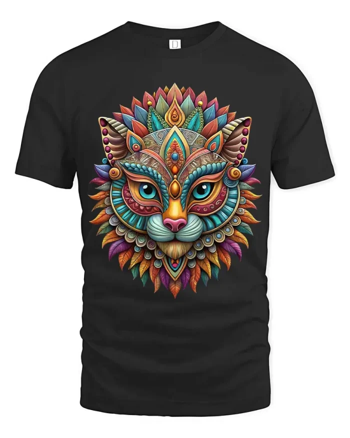 Colorful Mandala Cat Graphic T Shirt Artistic Boho Style - black t-shirt on white background