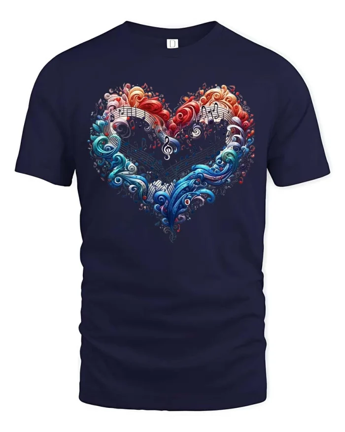 Music Heart Graphic T Shirt Colorful Artistic Melody Style - navy t-shirt on white background