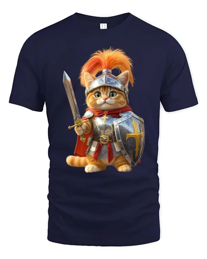 Cute Knight Cat Graphic T Shirt Fantasy Warrior Style Art - navy t-shirt on white background