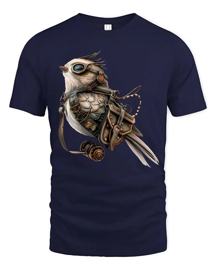 Steampunk Mechanical Bird Graphic T Shirt Vintage Gear Art - navy t-shirt on white background