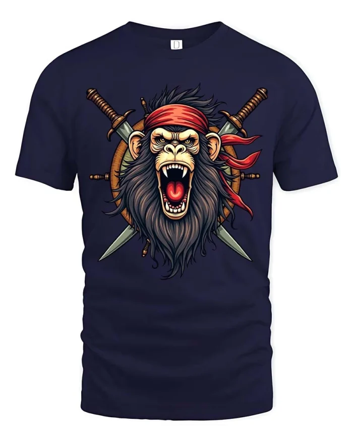 Fierce Pirate Monkey Graphic T Shirt Bold Warrior Style Art - navy t-shirt on white background