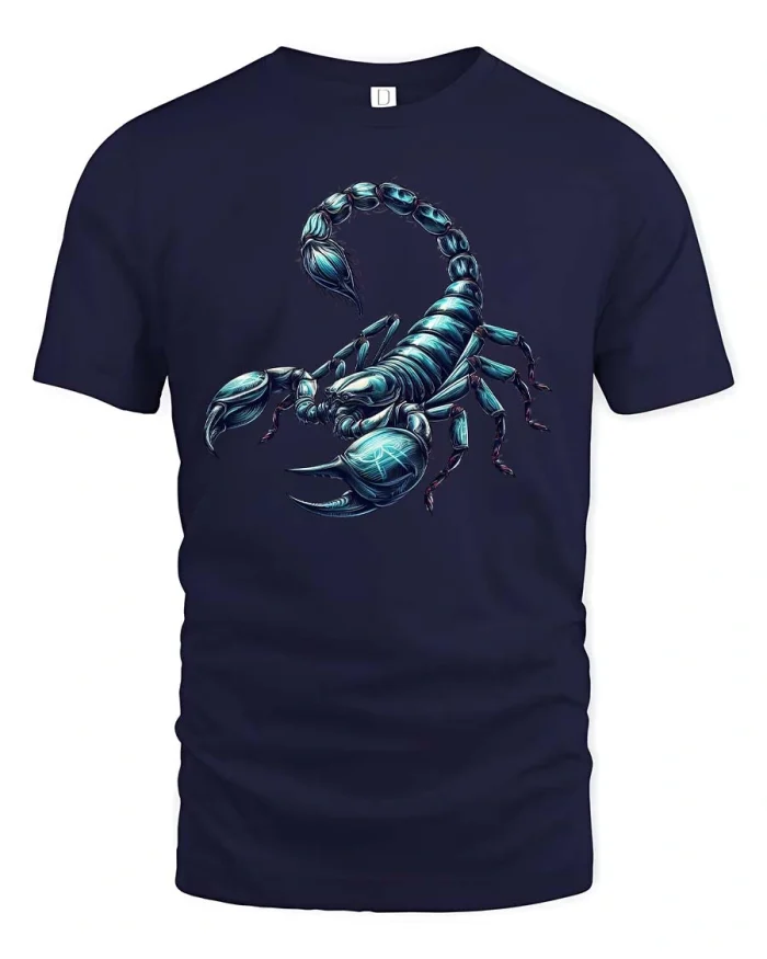 Blue Scorpion Graphic T Shirt Bold Fierce Animal Style Art - navy t-shirt on white background