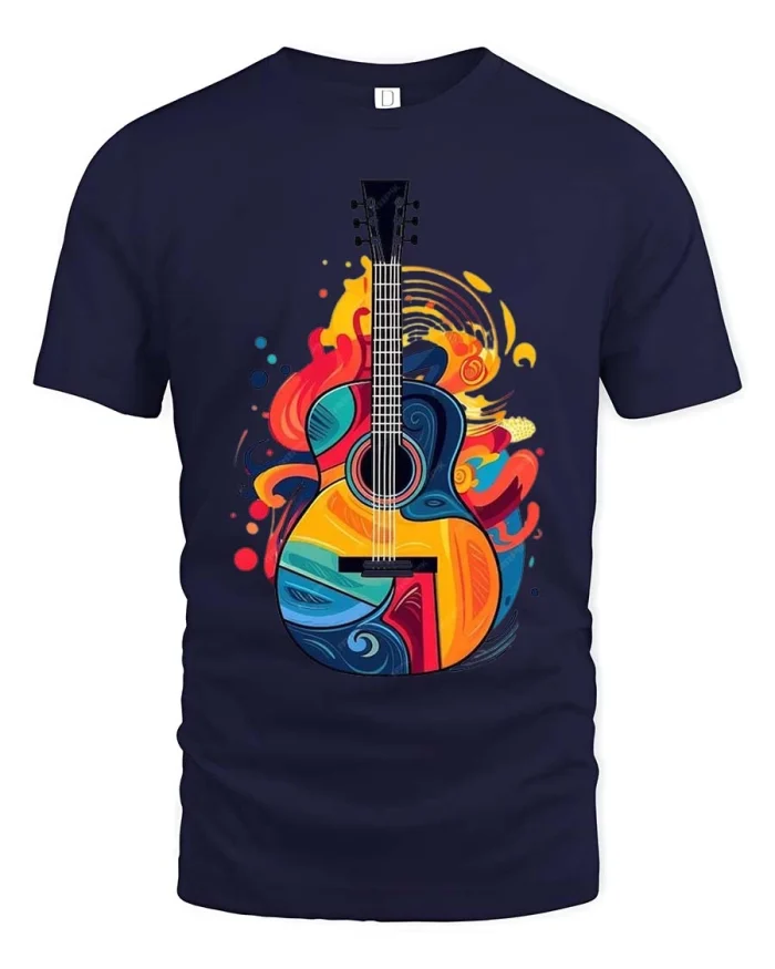Colorful Guitar Graphic T Shirt Artistic Music Style Design - navy t-shirt on white background