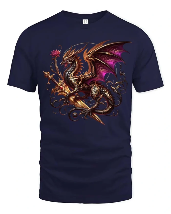 Ornate Fantasy Dragon Graphic T Shirt Legendary Myth Art - navy t-shirt on white background