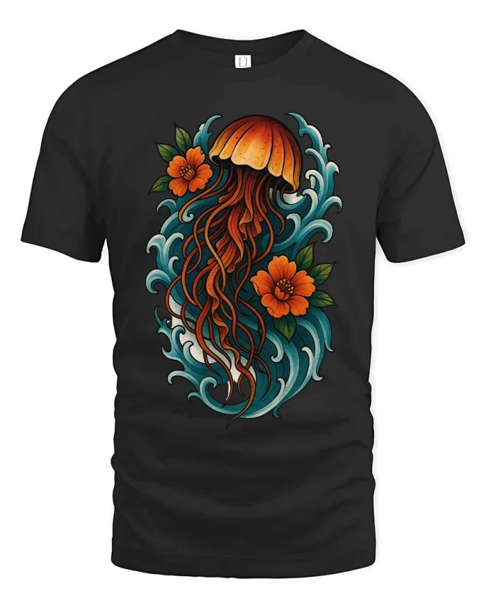Vintage Jellyfish Ocean Wave Floral Art Graphic T Shirt - black t-shirt on white background