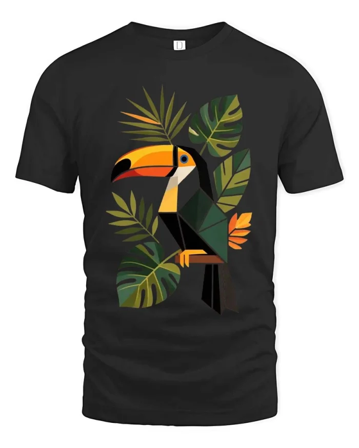 Geometric Toucan Tropical Leaves Artistic Graphic T Shirt - black t-shirt on white background
