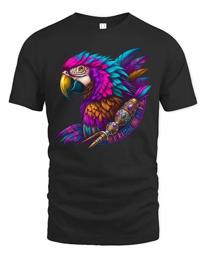 Colorful Parrot Tribal Art Graphic T Shirt Vibrant Style - black t-shirt on white background