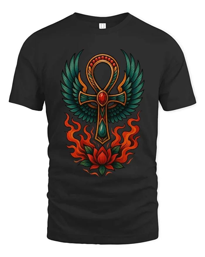 Egyptian Ankh Symbol Winged Lotus Spiritual Graphic T Shirt - black t-shirt on white background