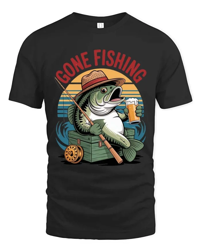 Gone Fishing Funny Fish Beer Graphic T Shirt Vintage Style - black t-shirt on white background