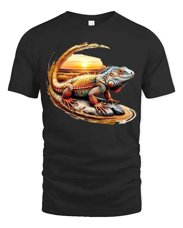 Iguana Sunset Nature Artistic Graphic T Shirt Desert Style - black t-shirt on white background