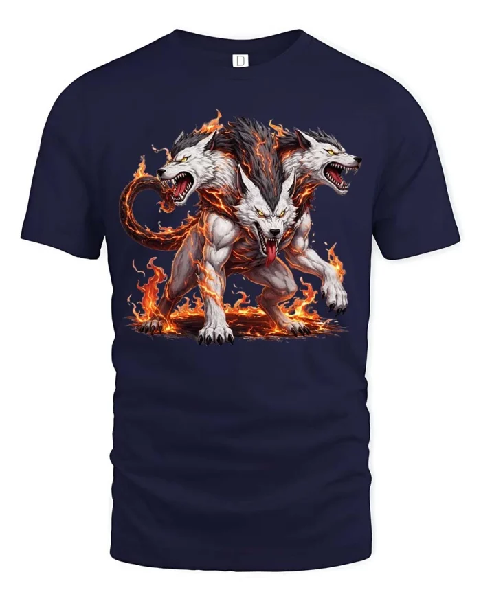 Three Headed Cerberus Fire Mythology Graphic T Shirt Art - navy t-shirt on white background