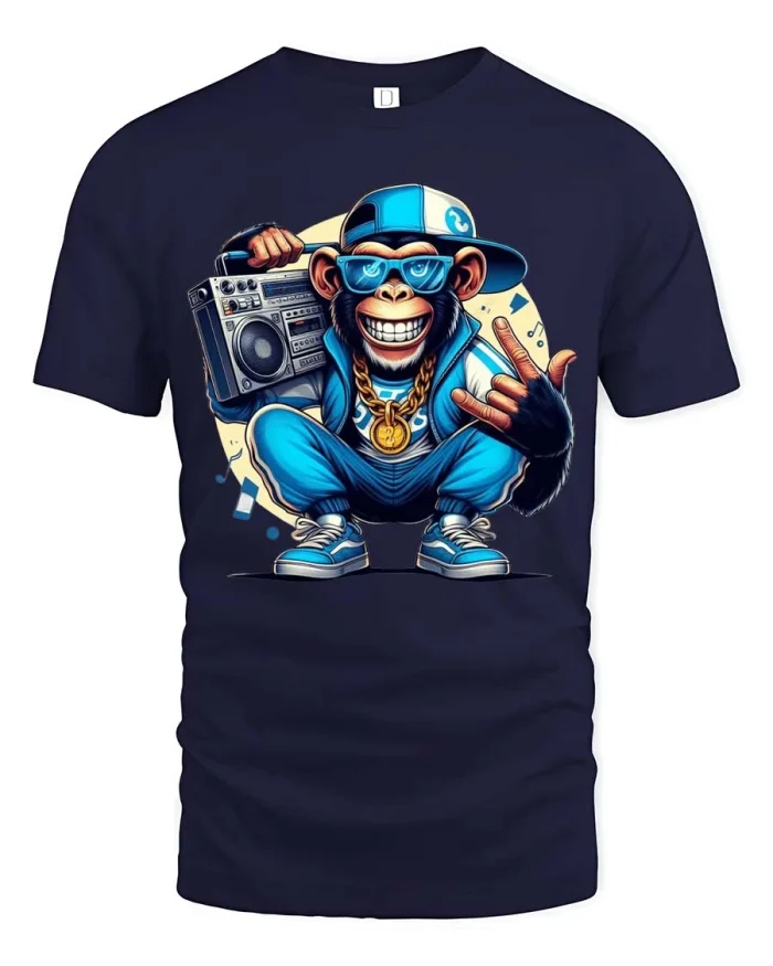 Hip Hop Monkey Boombox Street Style Graphic T Shirt Art - navy t-shirt on white background