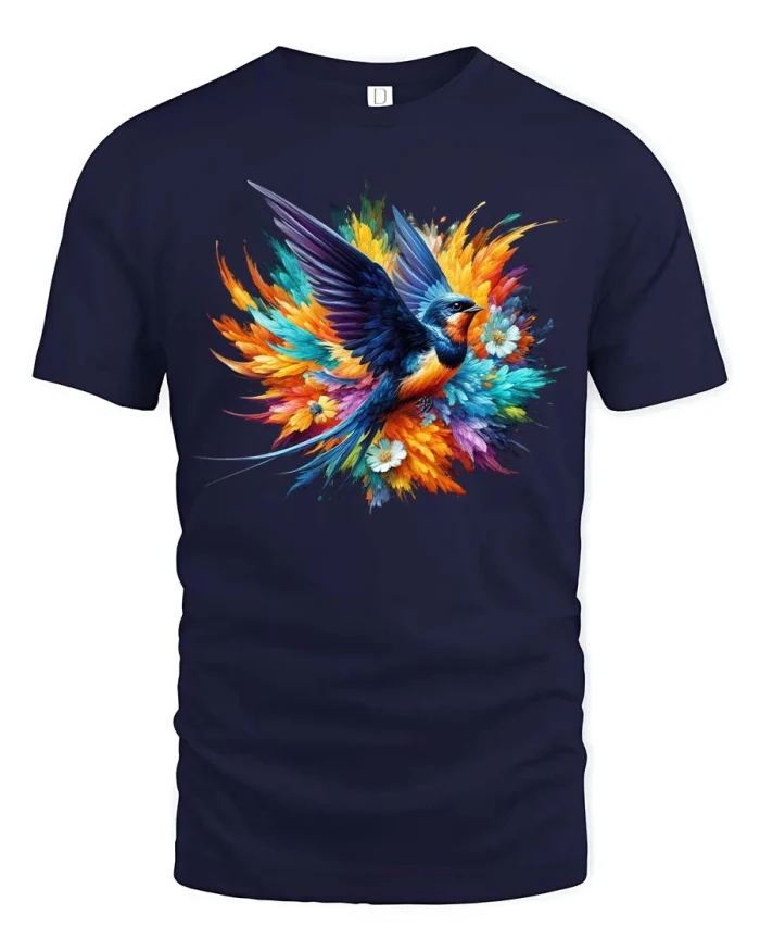 Colorful Flying Bird Floral Artistic Graphic T Shirt Style - navy t-shirt on white background