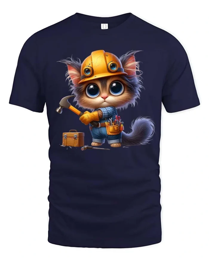 Cute Builder Cat Cartoon Graphic T Shirt Funny Style Art - navy t-shirt on white background