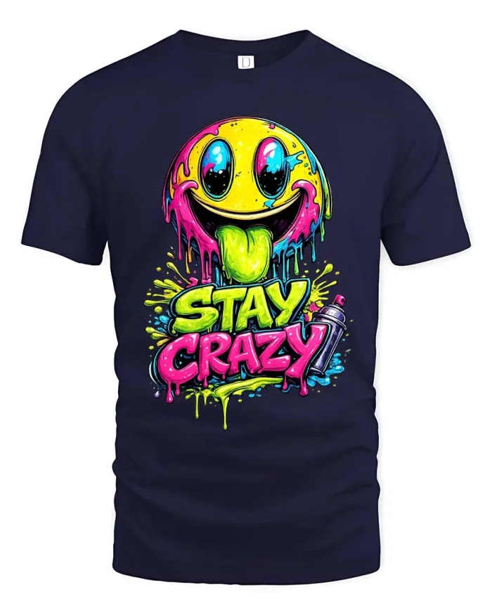 Stay Crazy Graffiti Smiley Face Graphic T Shirt Street Art - navy t-shirt on white background