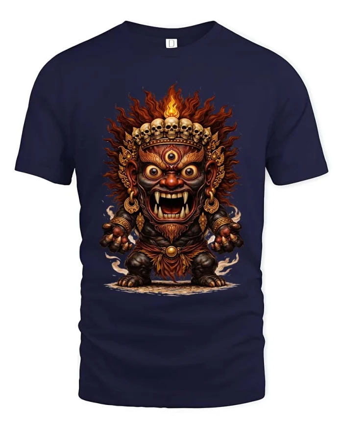 Fierce Demon Skull Crown Mythology Graphic T Shirt Art - navy t-shirt on white background
